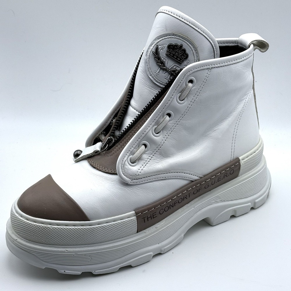 Guero‎ White Taupe Leather Front Zip Platform Lug Sole Ankle Boots Size 38